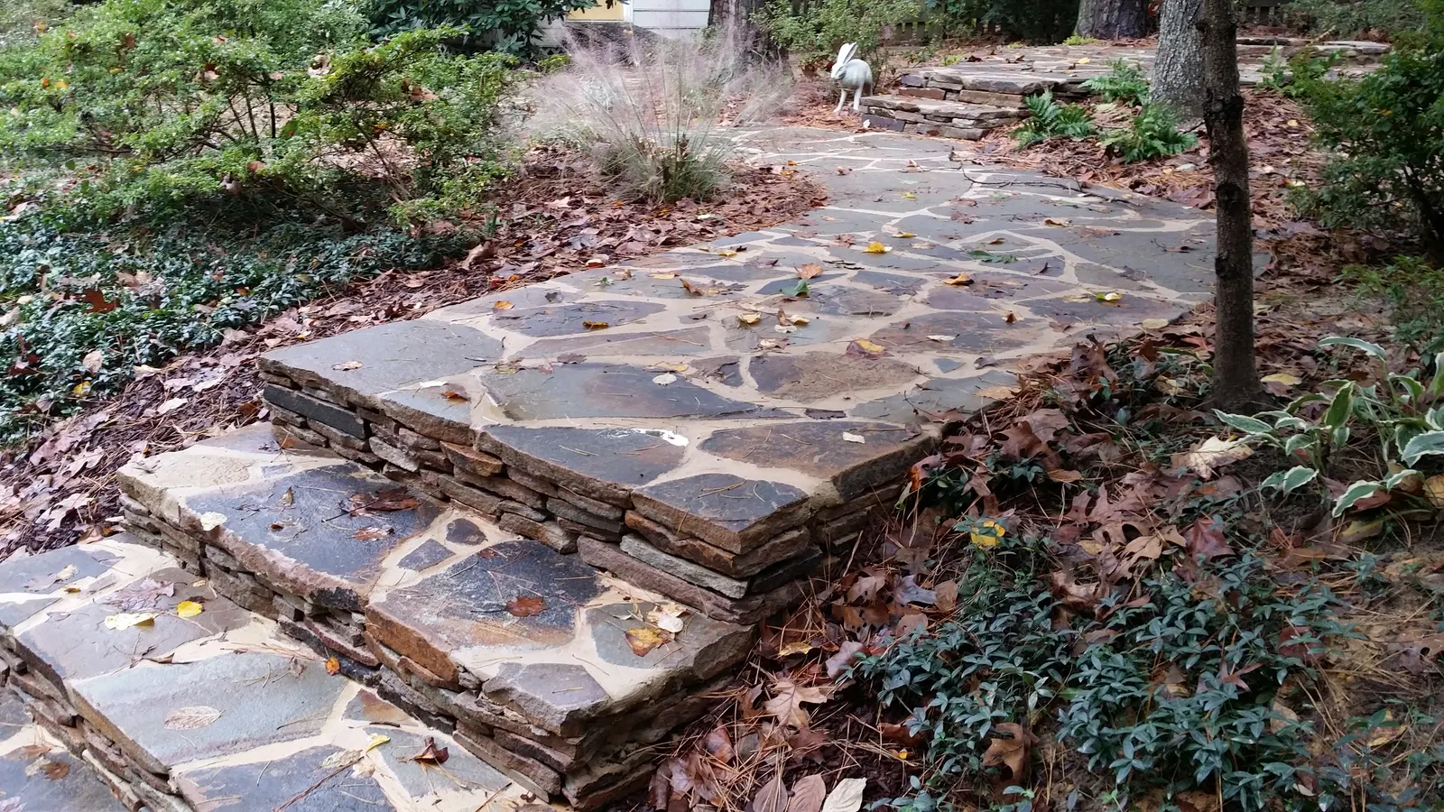 Flagstone walkway with dry-stacked stone steps