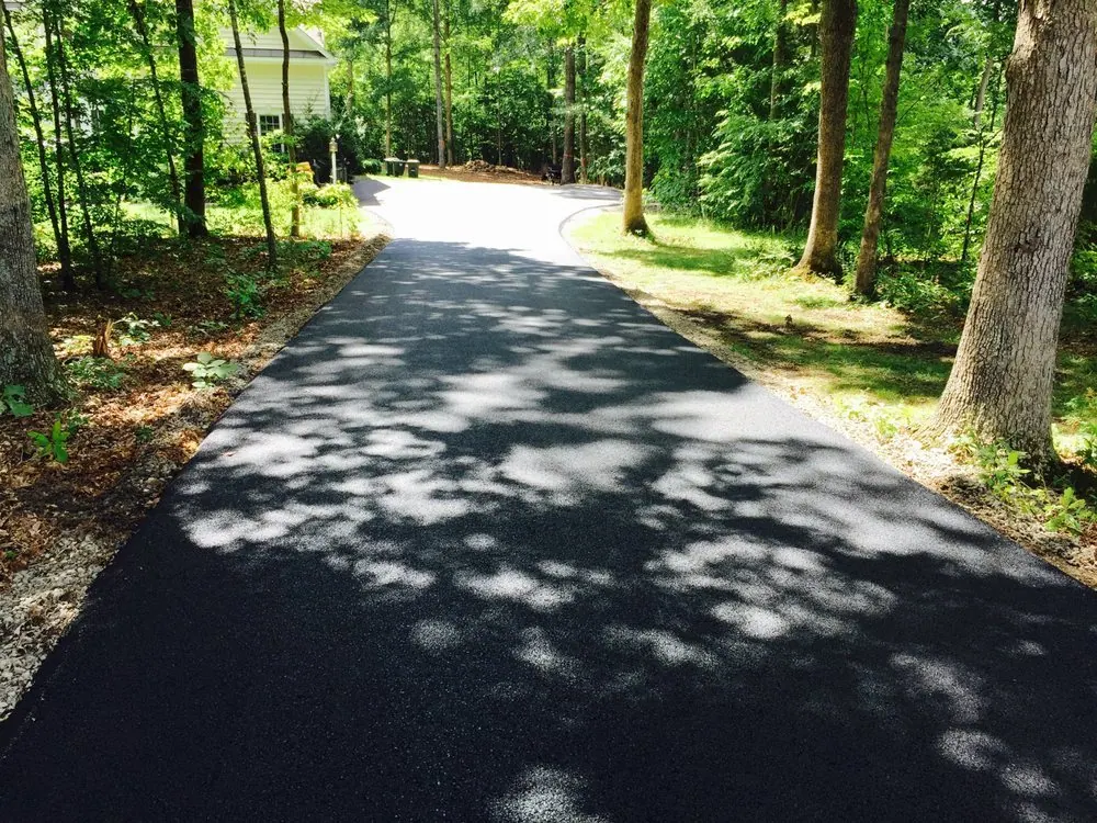 New asphalt driveway winding through trees